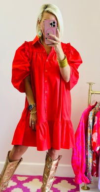 Ruffle Puff Sleeve Dress in Tomato Red by Karlie