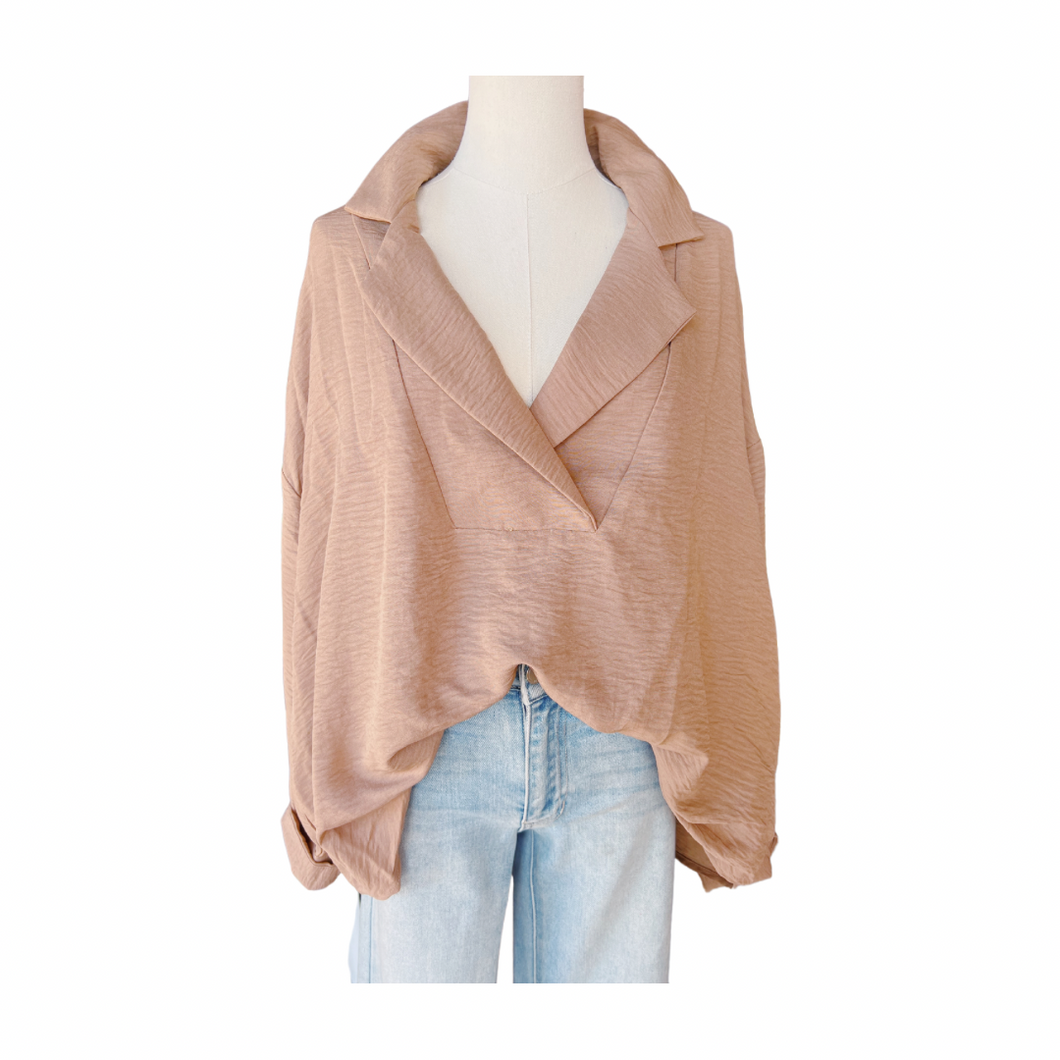 Petal Fold Over Collared Top - taupe