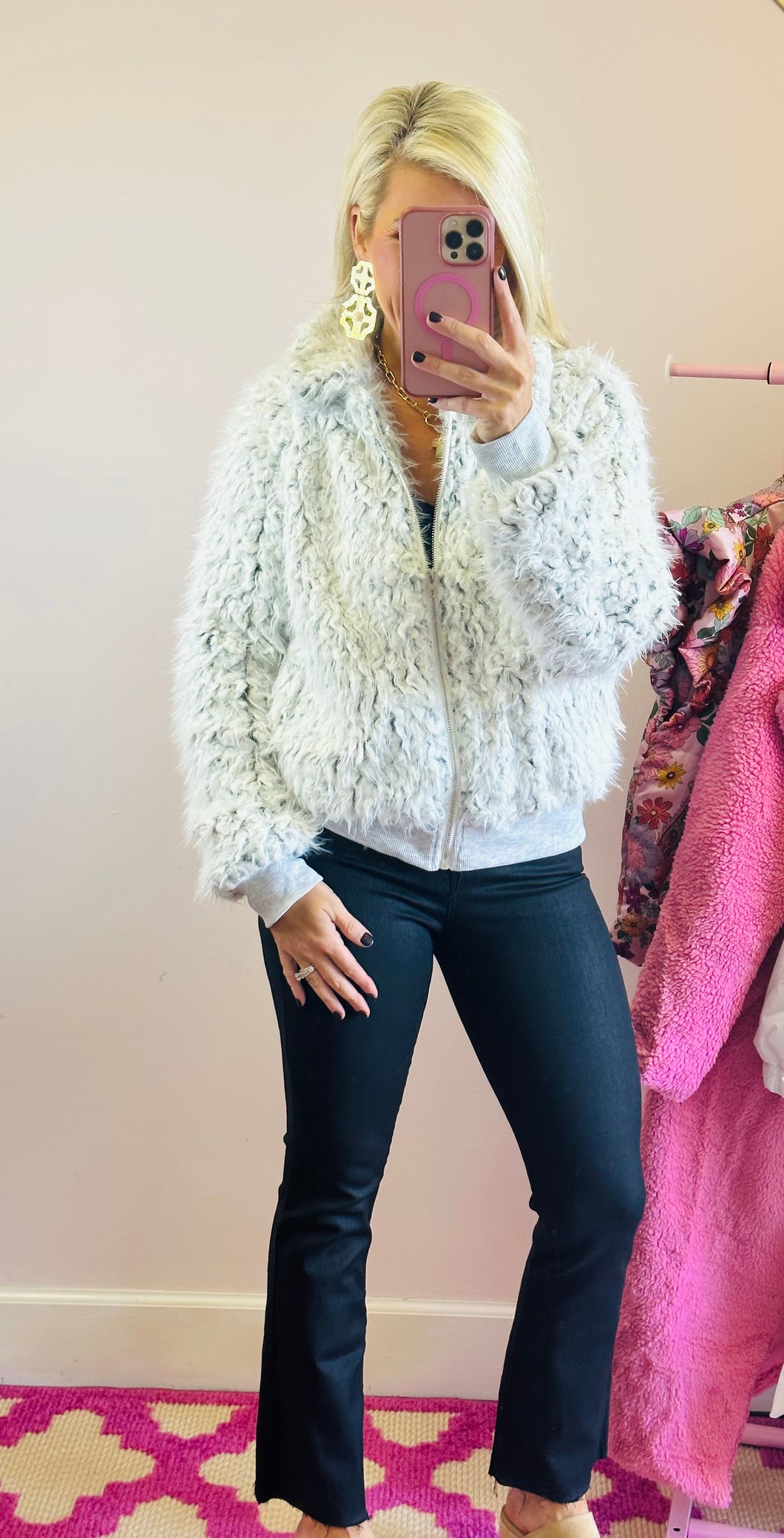 The Fuzzy Jacket Top in Light Grey/White