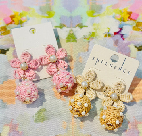 Raffia Flower & Pearl Earrings (Top)