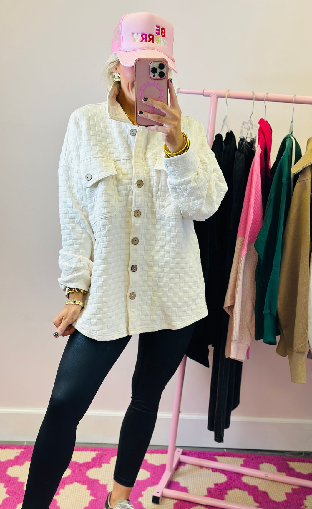 The Quilted Button Shacket Top in Cream