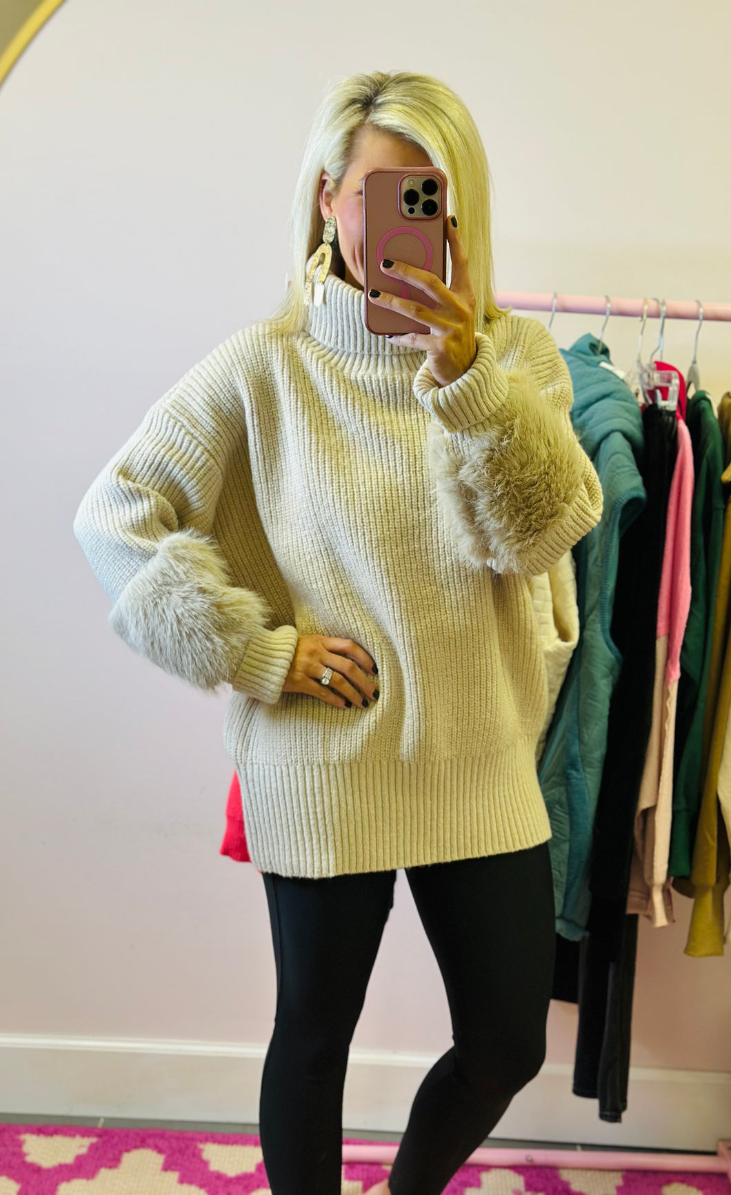 The Fur Sleeve Sweater Top in Beige