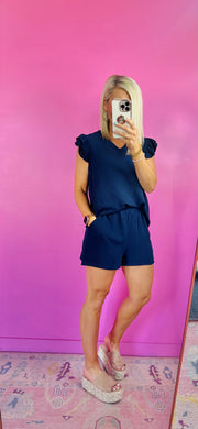 The Ruffle Sleeve Top and Shorts in Navy